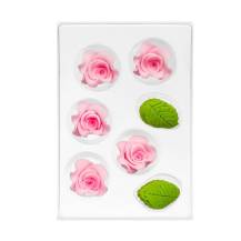 Cukrová dekorácia Ruža malá ružová s lístkami (11 ks)
