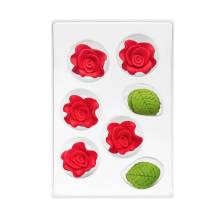 Cukrová dekorace Růže malá červená s lístky (11 ks)