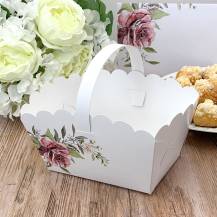 Svadobný košíček na cukroví biely s ružou (13 x 9 x 9,5 cm)